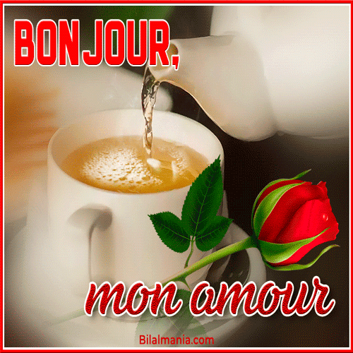 🔥 Bonjour Gif Animé | Bonjour 2025 | Bonjour GIF bonjour GIF avec une tasse de thé et des fleurs