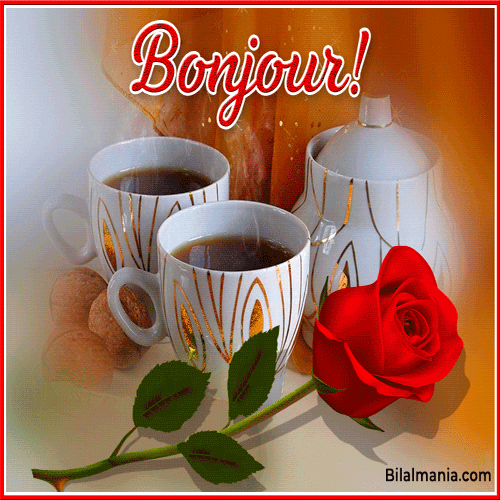 🔥 Bonjour Gif Animé | Bonjour 2025 | Bonjour GIF bonjour gif rose avec du thé