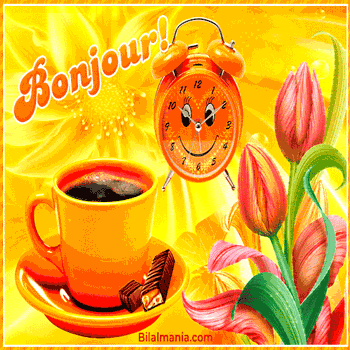 🔥 Bonjour Gif Animé | Bonjour 2025 | Bonjour GIF bonjour GIF avec fleur brillante, tasse et horloge